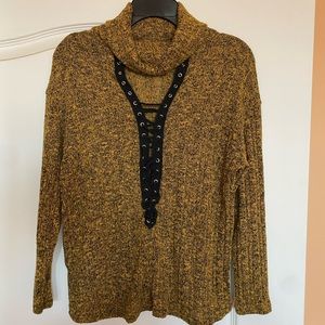 Sexy Burnt Yellow & Black Choker Lace Up Knit Turtleneck Sweater Top Sz M!!